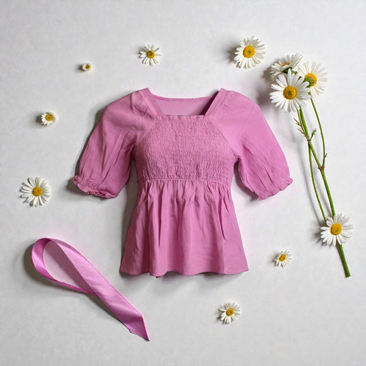 Girls Bubblegum Smocked Puff Top