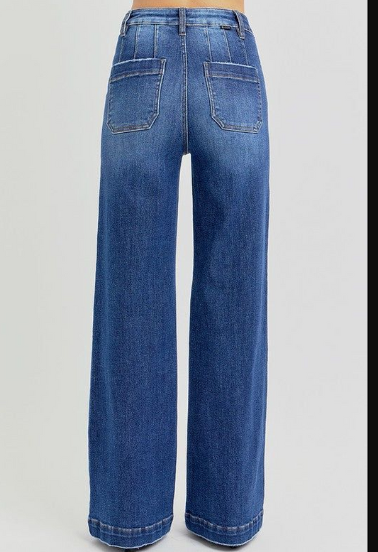 High Rise Wide Leg Slanted Pockets Jeans