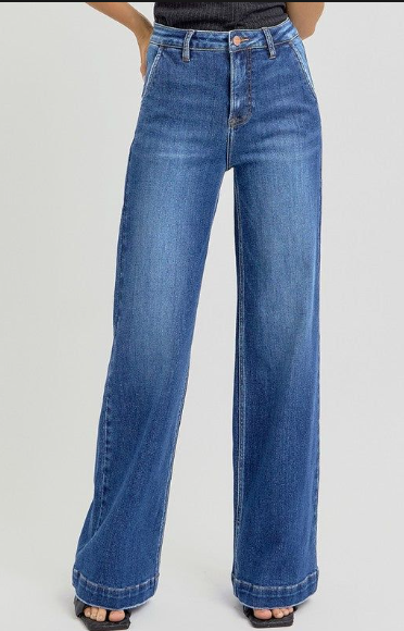 High Rise Wide Leg Slanted Pockets Jeans